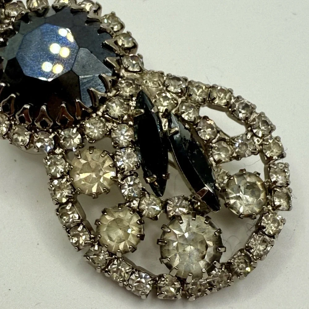 Vintage Black Rhinestone Brooch Silver Tone Clear Crystals Mid Century